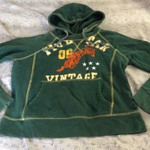 Vintage velvet tiger college sweatshirt S forest green kangaroo hood Blue Marlin